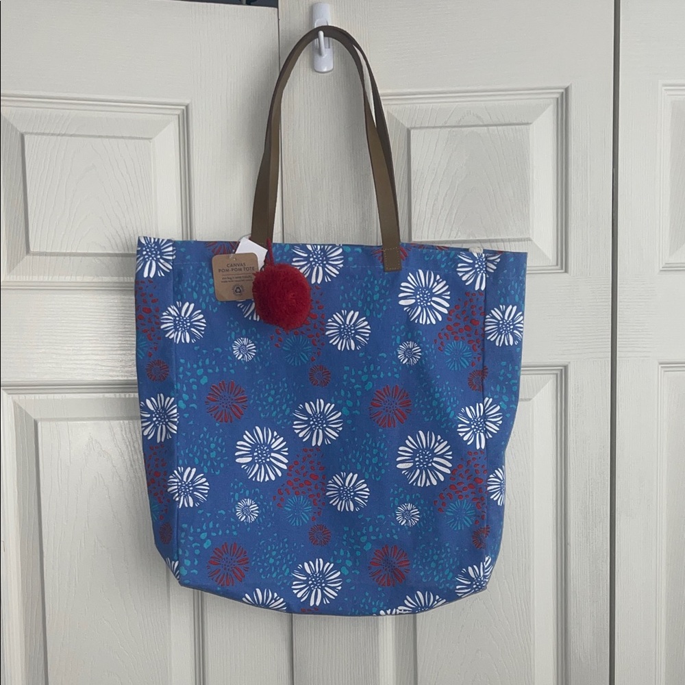 Eccolo Eco-Friendly Blue Canvas Tote Bag with Pom-Pom Detail and Brown Handles